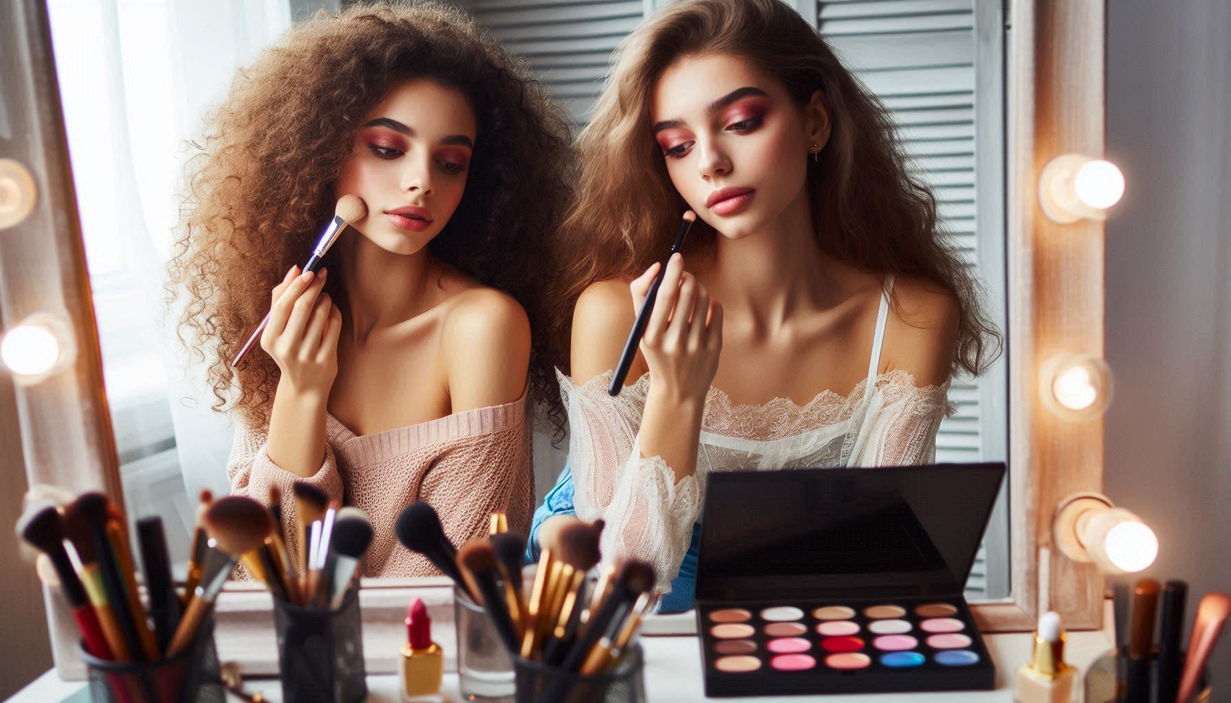 Young Women Applying Their Makeup Together