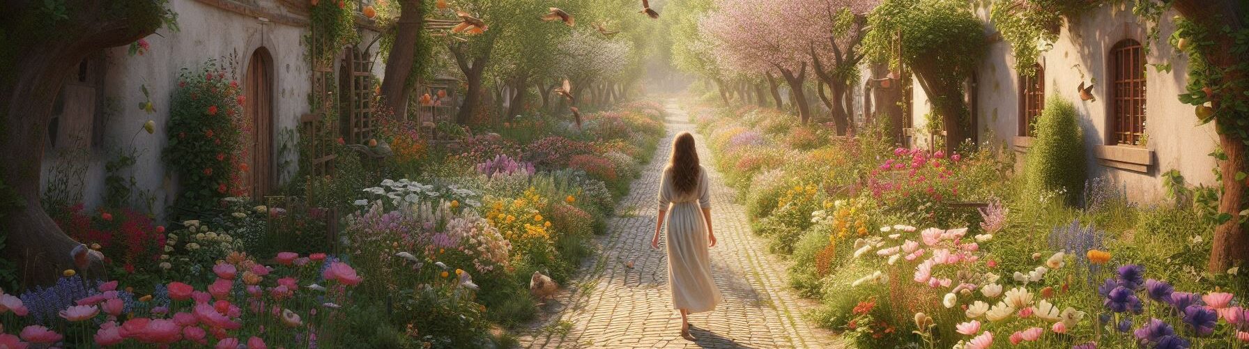 Woman Walking Down a Path with Lots of Flowers and Birds on a Spring Day