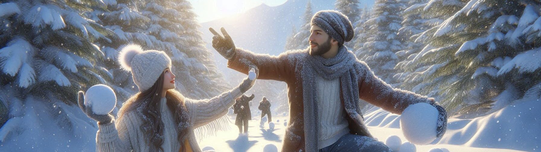 Man and Woman Having Snowball Fight on a Sunny Winter Day in the Snow