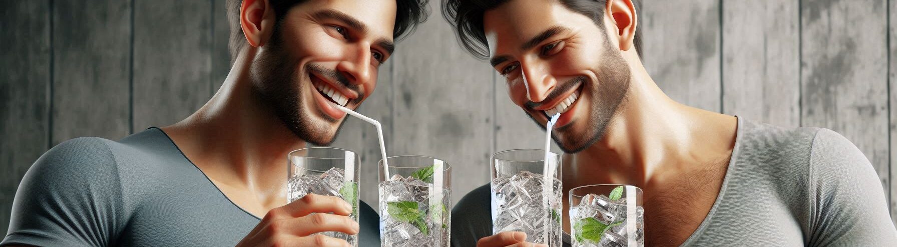 Two People Drinking Large Glasses Filled with Ice and Water