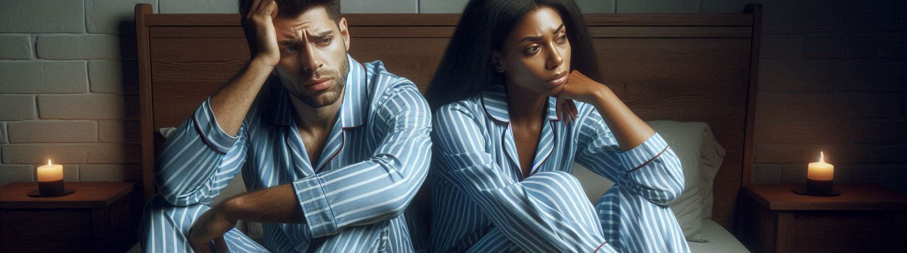 Woman and Man on Bed in Pajamas Worrying About Sleep