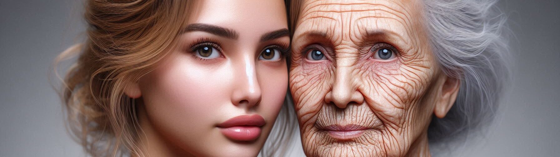 Old Lady with Wrinkly Skin Standing Next to a Younger Woman with Perfect Skin