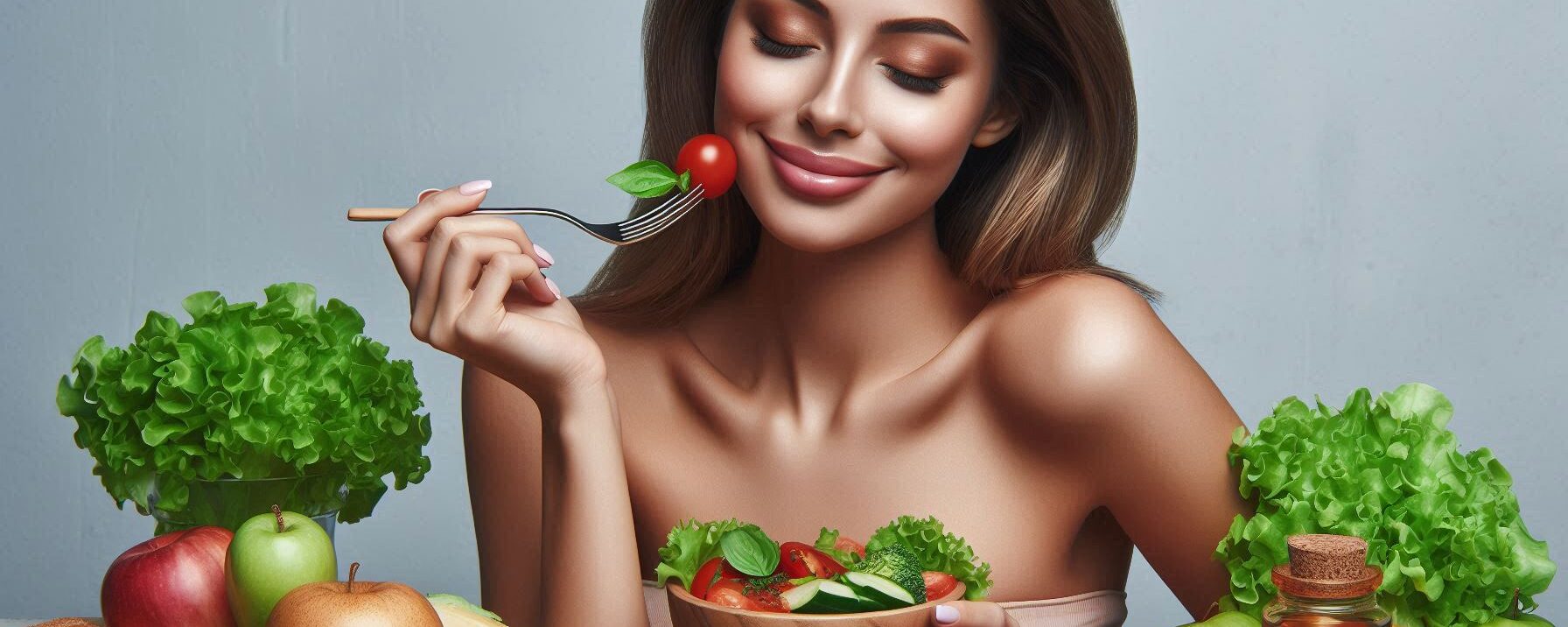 Woman with Healthy Skin Eating Healthy Food