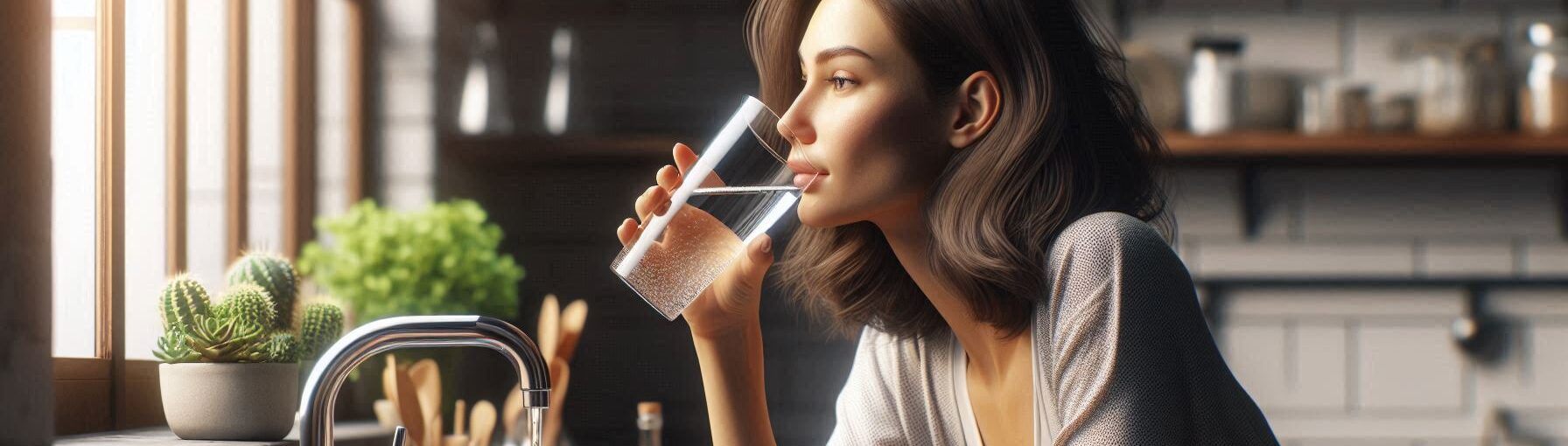 Woman at The Kitchen Sink Drinking a Large Glass of Water